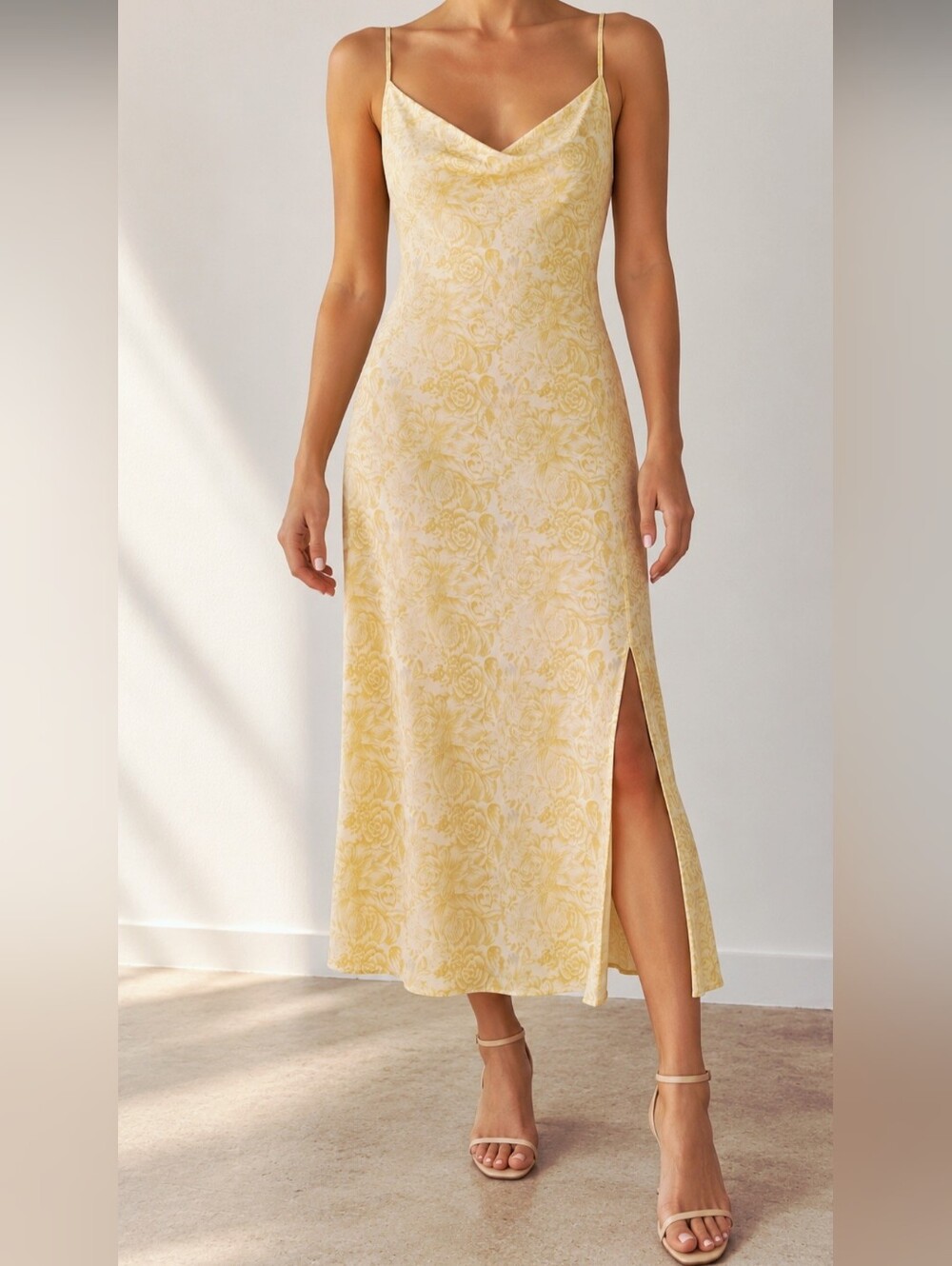 Cowl-Neck Yellow Floral Midi Slip Dress with Side Slit